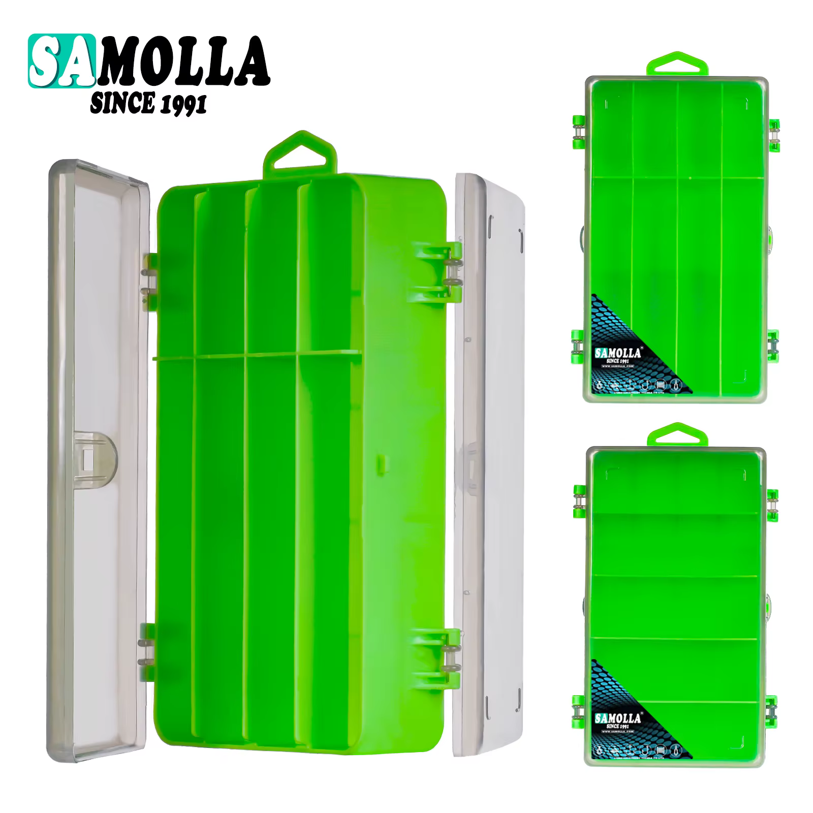 Caja de pesca doble cara para cebos con compartimentos resistentes