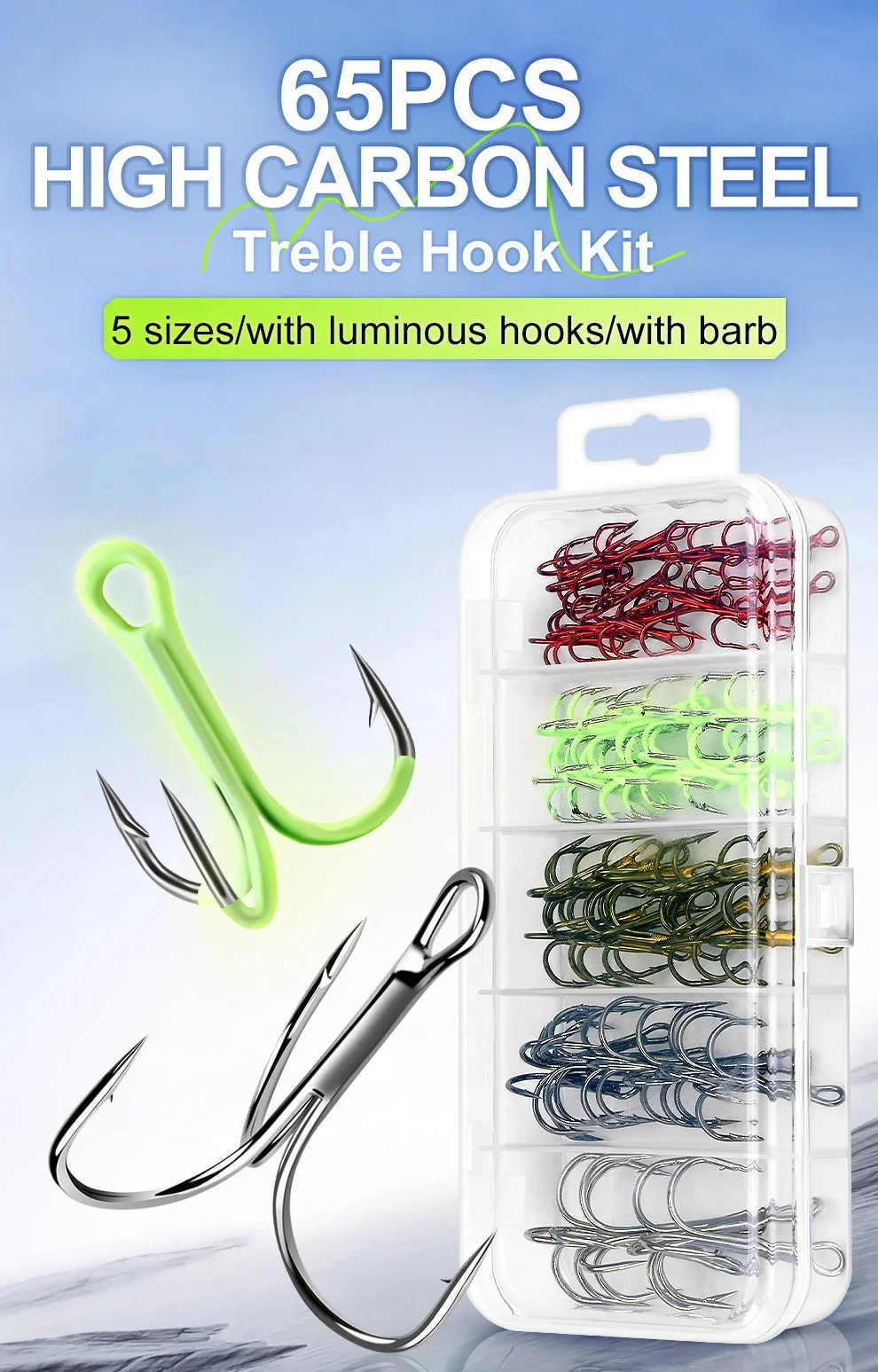 Kit completo de anzuelos triples de pesca en caja organizadora