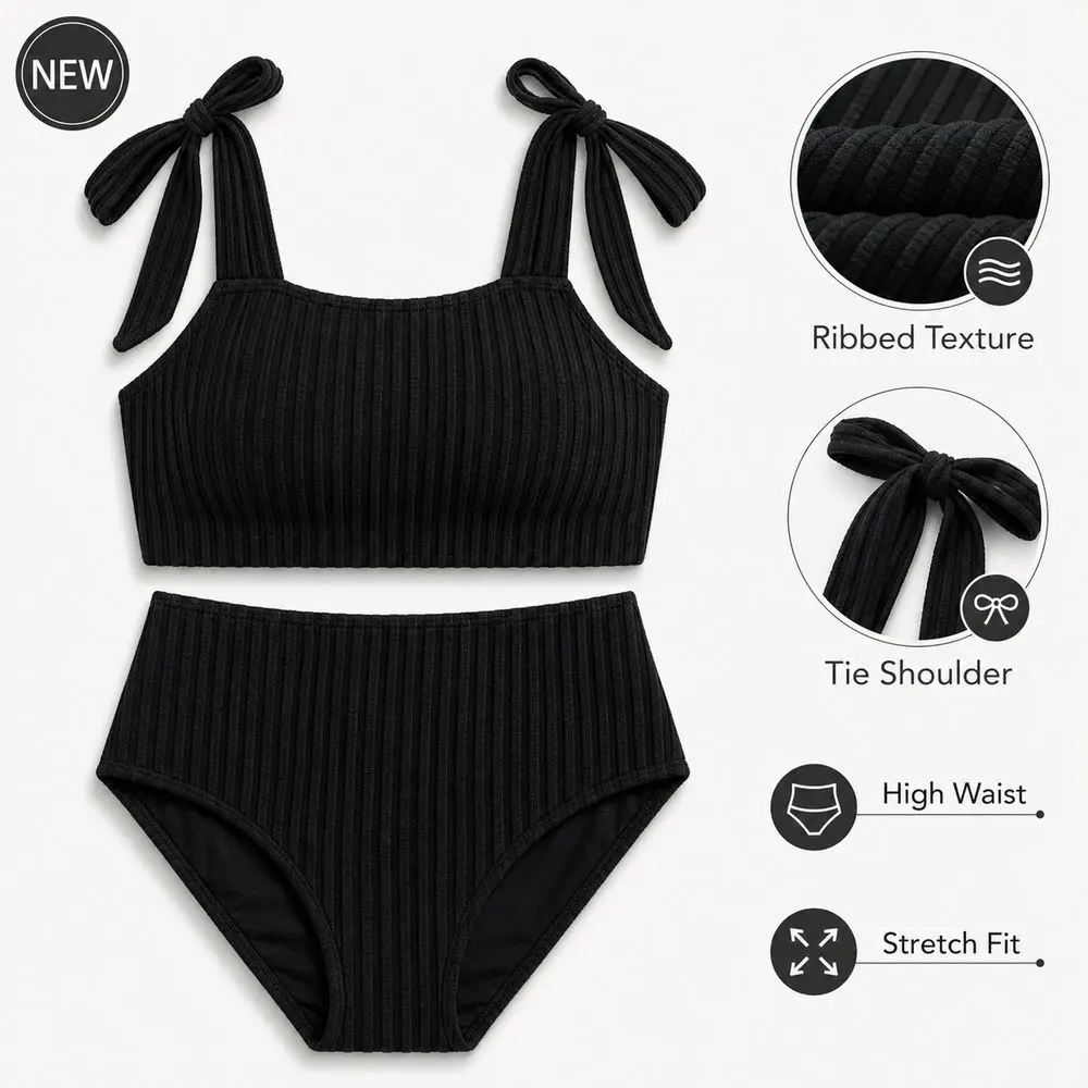 Bikini acanalado con tirantes ajustables, top corto y braguita alta - imagen 4