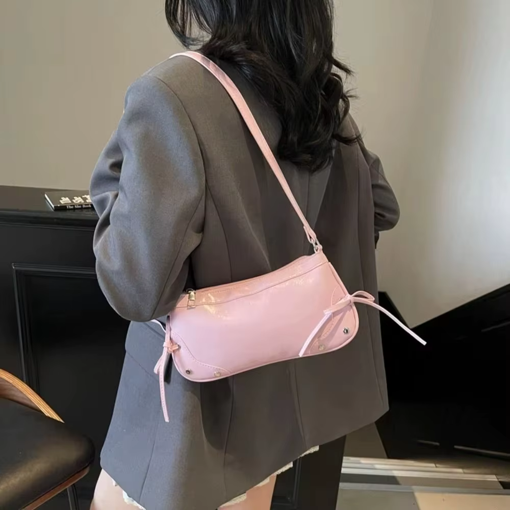 Bolso de axila Y2K con lazo – Polipiel color sólido para mujer - imagen 3