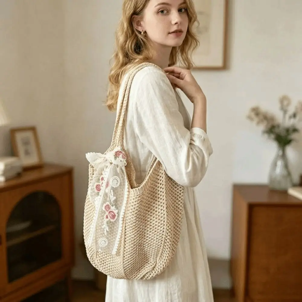 Bolso de ganchillo bohemio de gran capacidad, ligero, con lazo