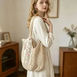 Bolso de ganchillo bohemio de gran capacidad, ligero, con lazo