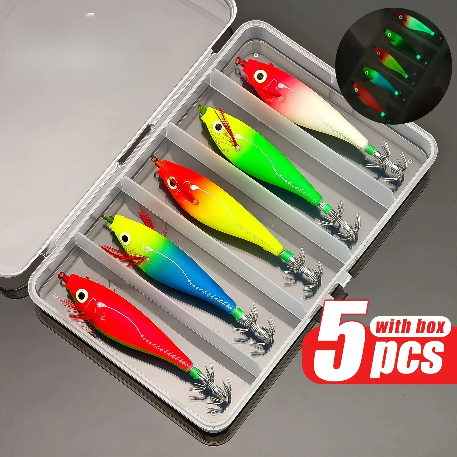 Set de 5 señuelos luminosos para pesca de calamar