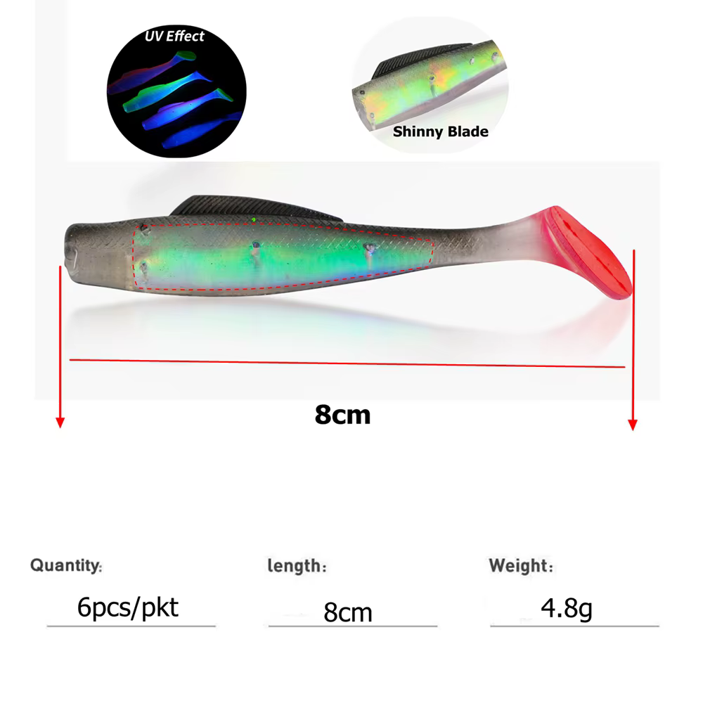 Señuelo Cola de Pala UV 8 cm – Cebo Soft TPR con Brillo - imagen 5