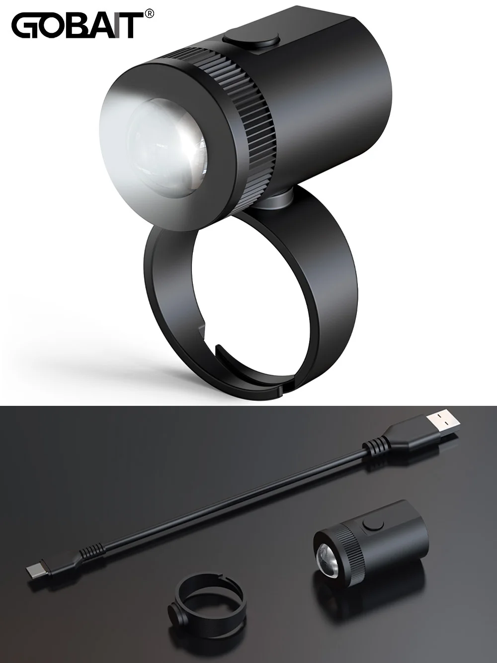 GOBAIT-linterna de dedo recargable USB C con luz 360 y anillo ajustable