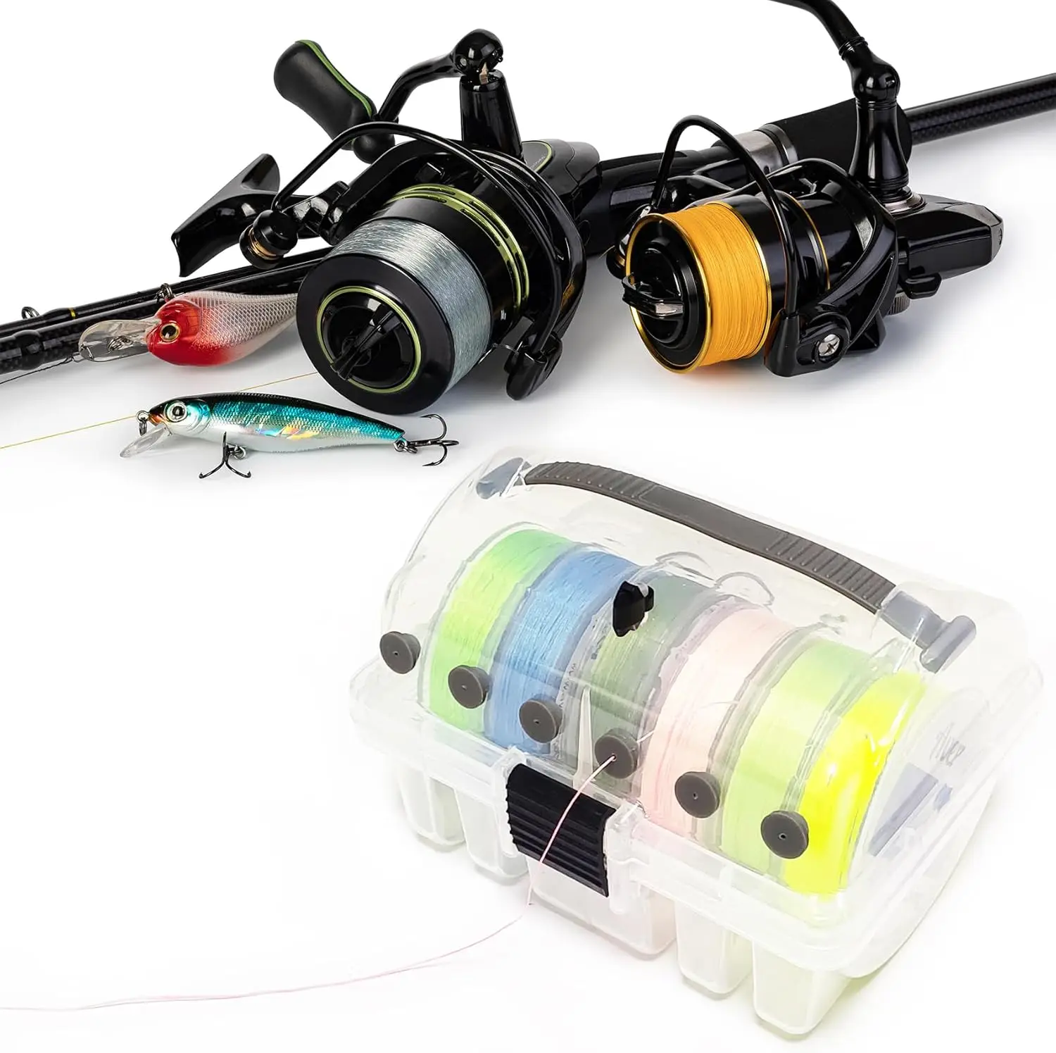 Caja organizadora de sedal de pesca Aventik con tapa transparente y cortador integrado
