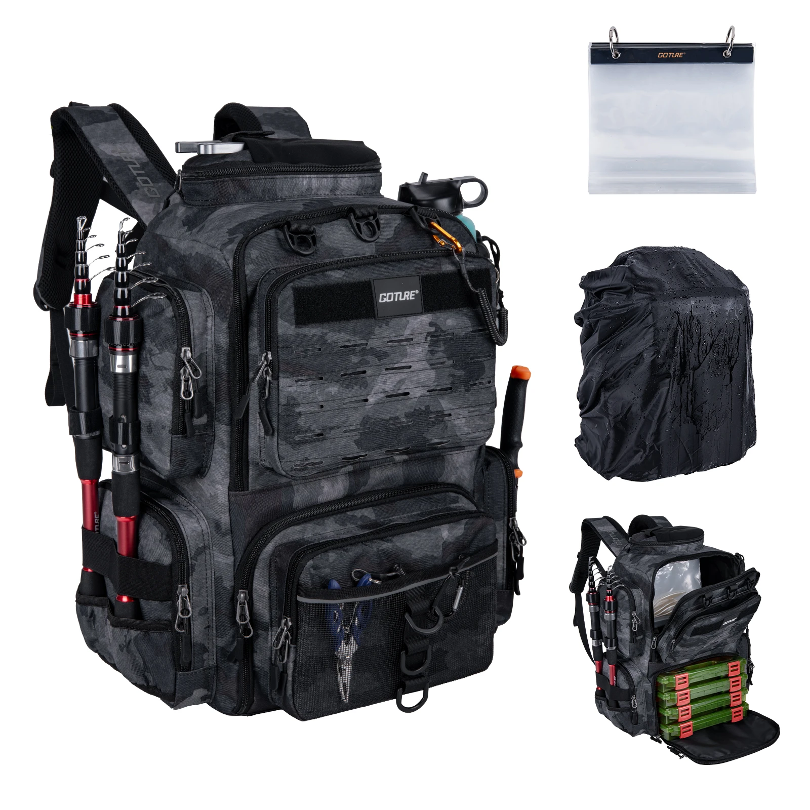 Mochila de pesca Goture 900D resistente al agua con cajas y cañas