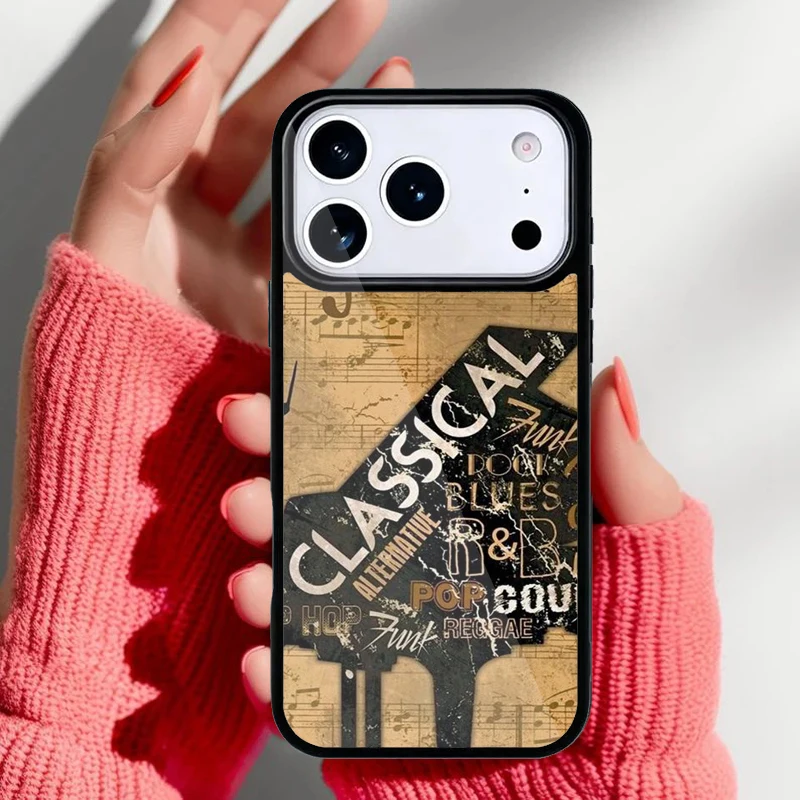 Funda iPhone con notas musicales de piano, vista trasera