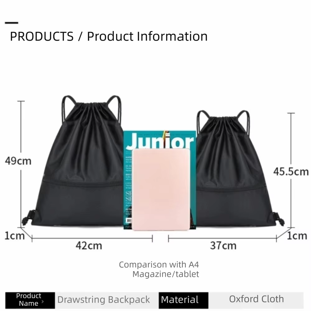 Mochila deportiva negra con cordón en tela Oxford