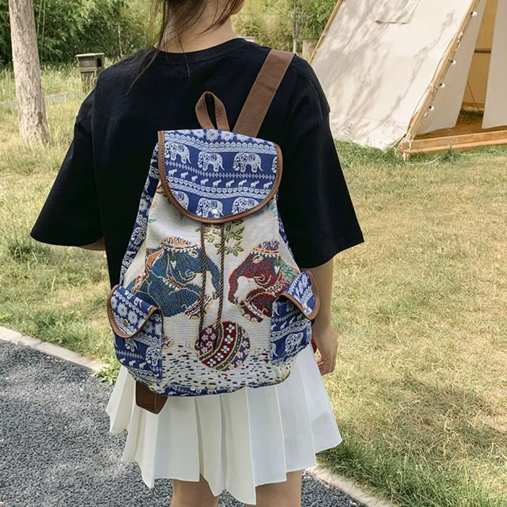 Mochila de lona Jacquard con bordado étnico de elefantes y búhos - imagen 3