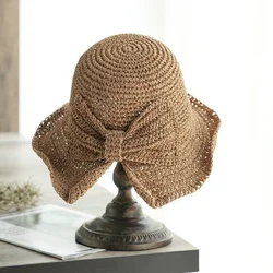 Sombrero de pesca para mujer ala ancha plegable con lazo ganchillo