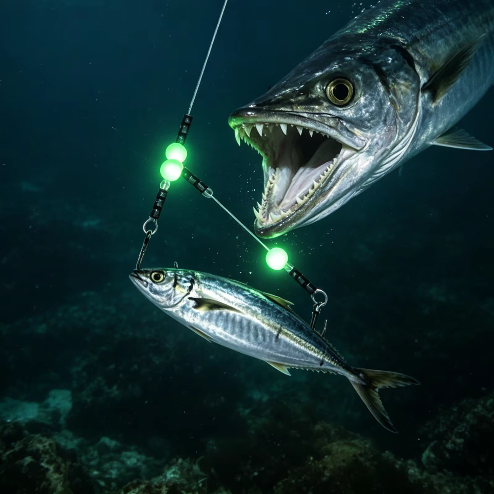 Escena de pesca con anzuelos luminosos y doble gancho en condiciones de poca luz