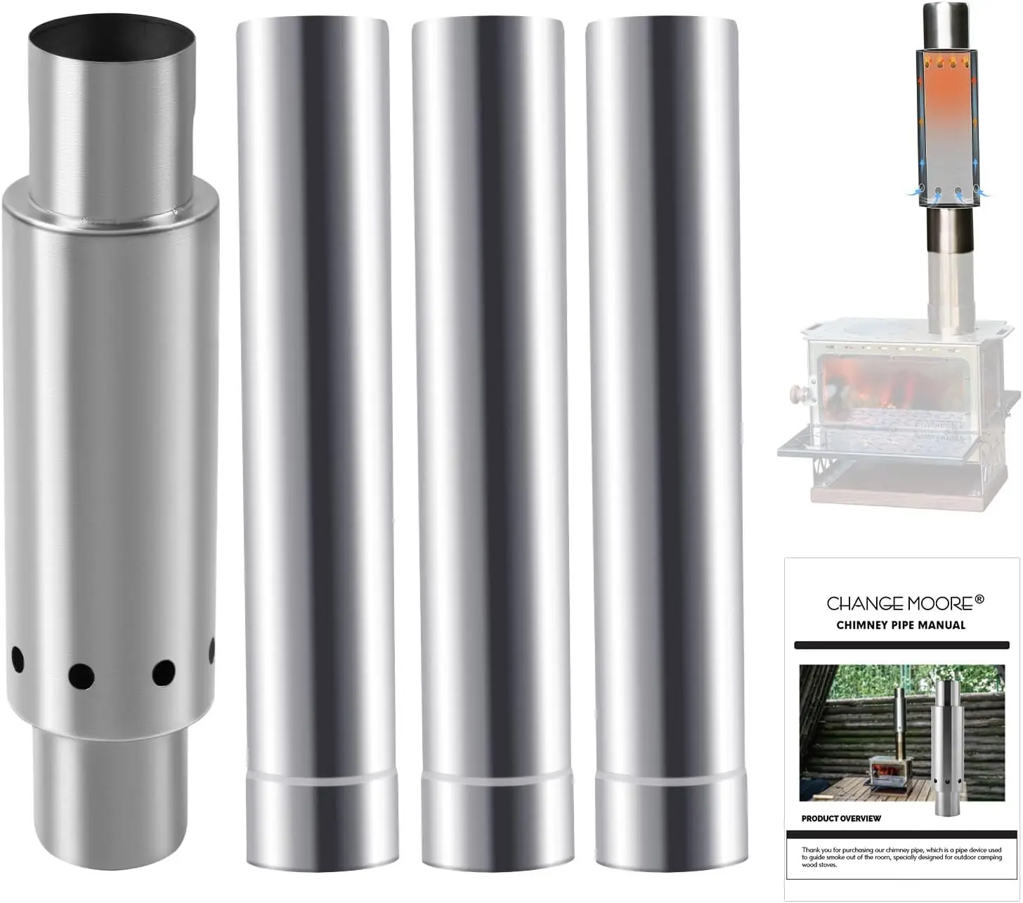 Tubos de chimenea de acero inoxidable en montaje para estufa de camping