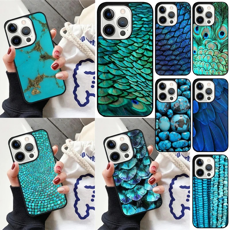 Funda iPhone con plumas de pavo real y estampado floral turquesa - imagen 2