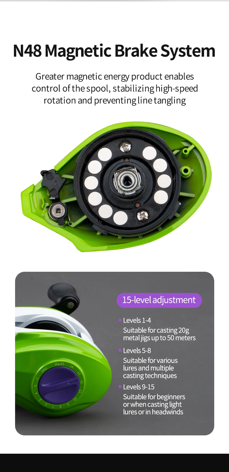 Vista frontal carrete HUIDIAO baitcasting integral