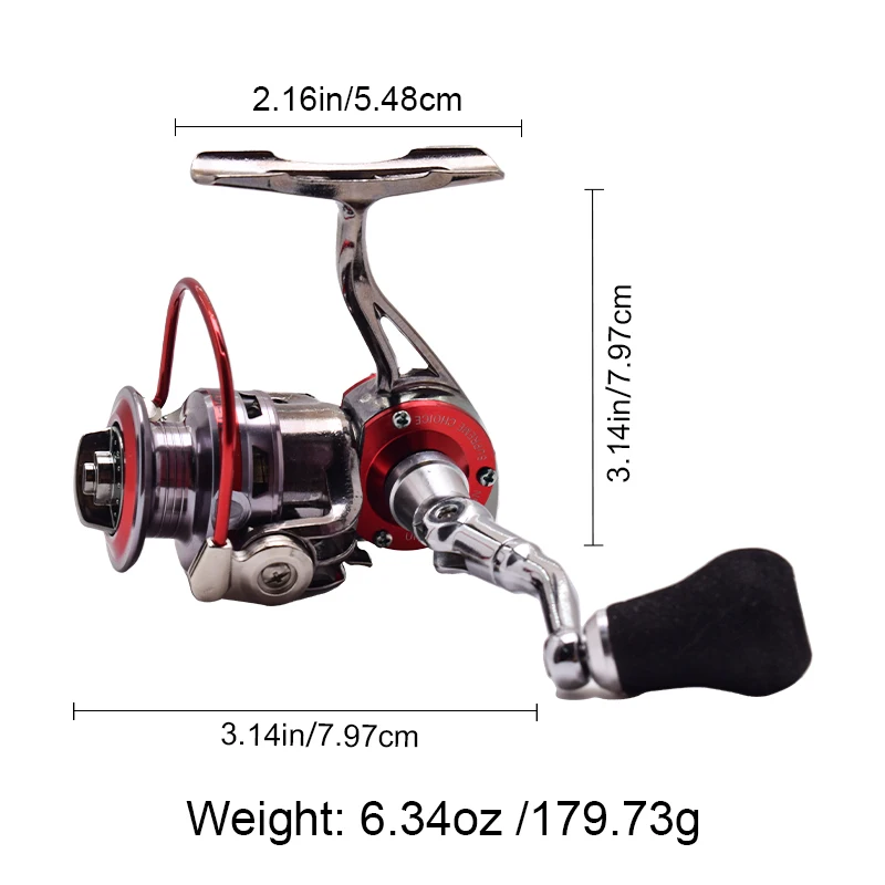 Mini carrete de pesca metálico vista frontal