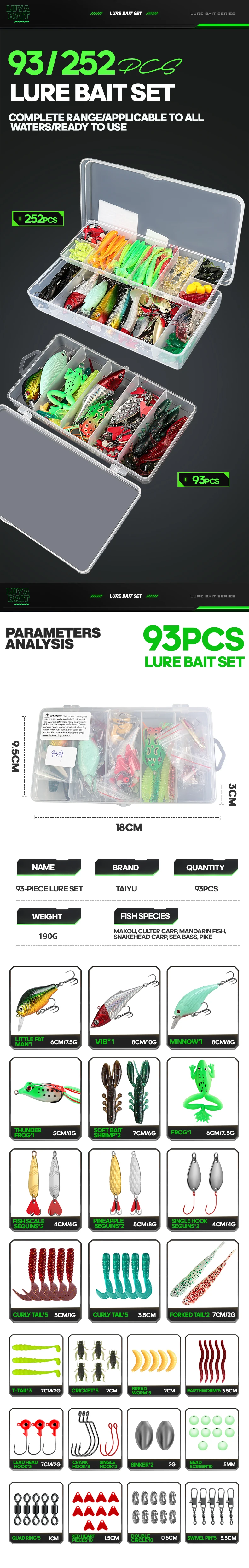 Kit de señuelos de pesca con cebos blandos, duros y accesorios en estuche organizador