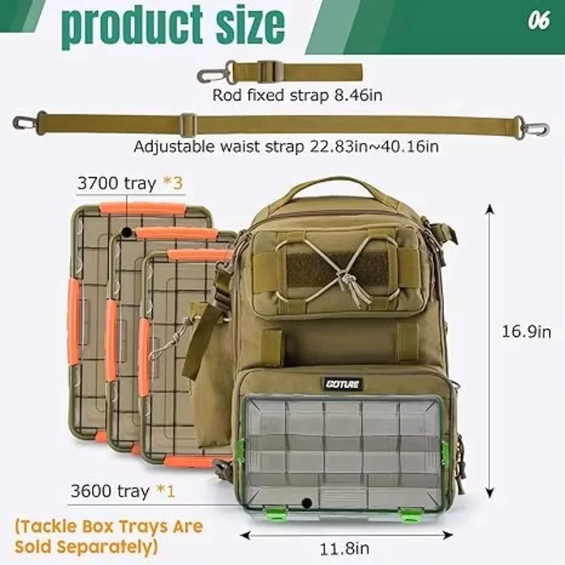 Goture Mochila táctica de pesca con bolsillos laterales y resistente - imagen 5