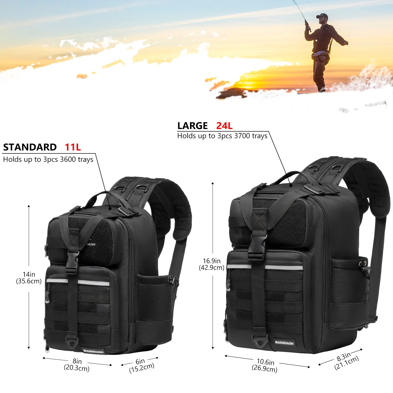 Vista frontal de la mochila de pesca BASSDASH FP07