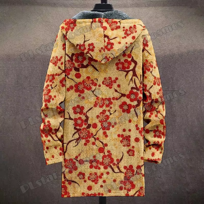 Abrigo largo de hombre con capucha, felpa y estampado floral 3D - imagen 5