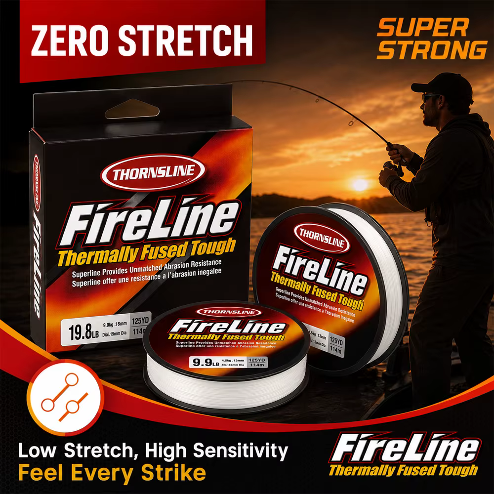 Bobina de línea trenzada Fireline Thornsline con etiqueta de especificaciones