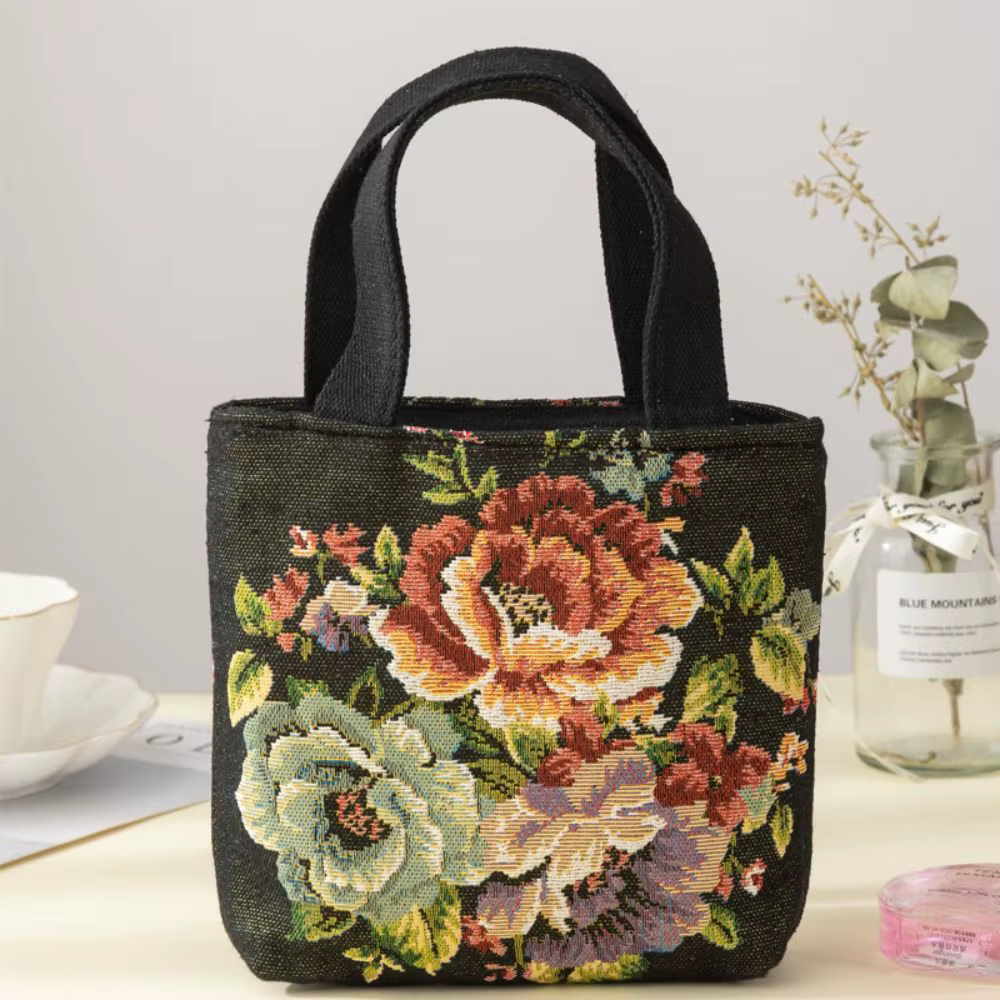 Bolsa de lona reutilizable grande con bordado de gatos y flores - imagen 2