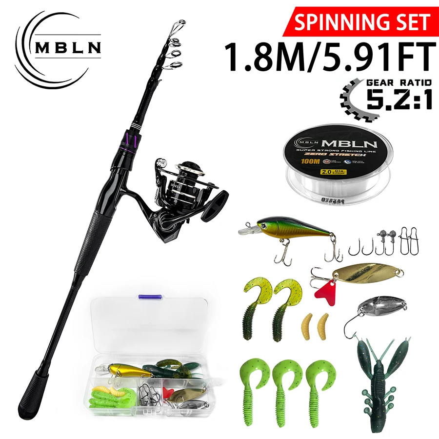 Set de pesca completo con caña retráctil y señuelos