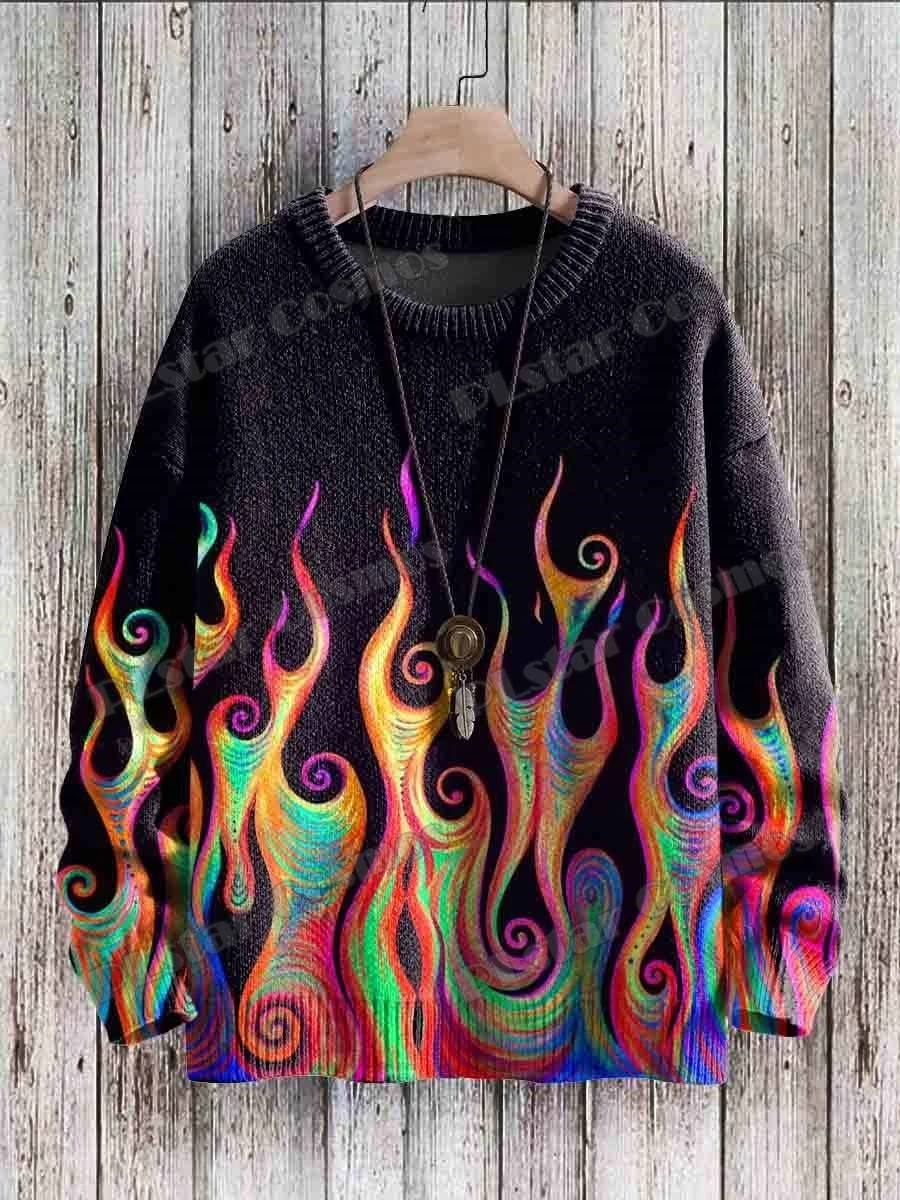 Suéter vintage KMY25 llama arcoíris – Cuello redondo impreso 3D