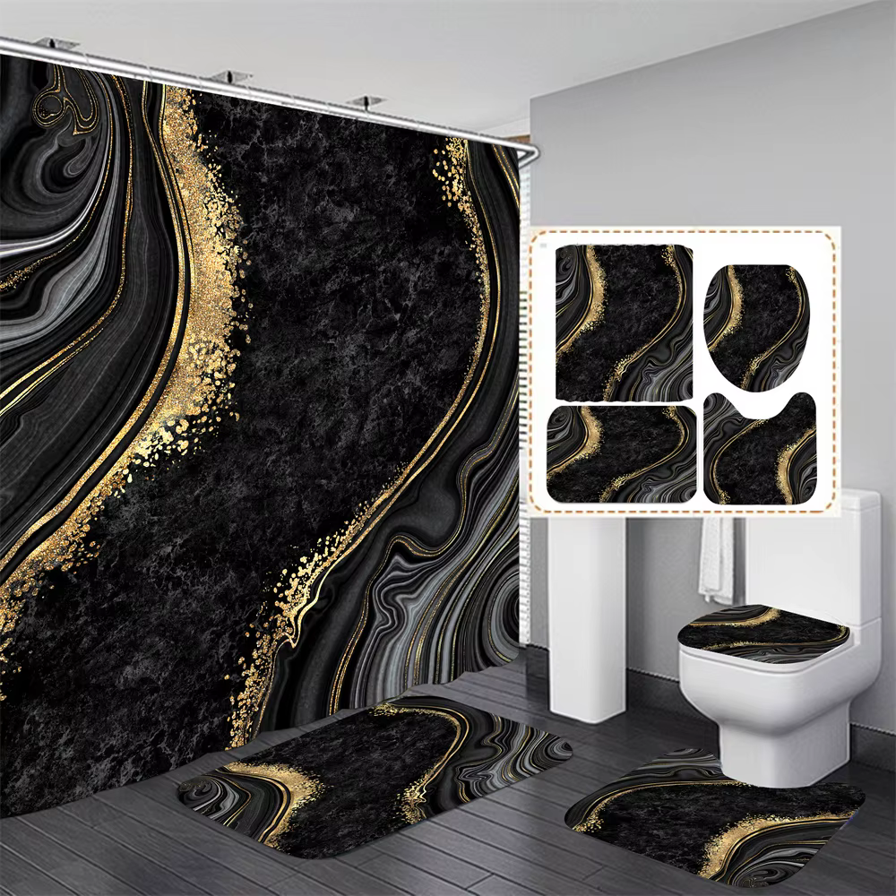 Cortina de ducha floral negra con alfombras antideslizantes para bano - imagen 5
