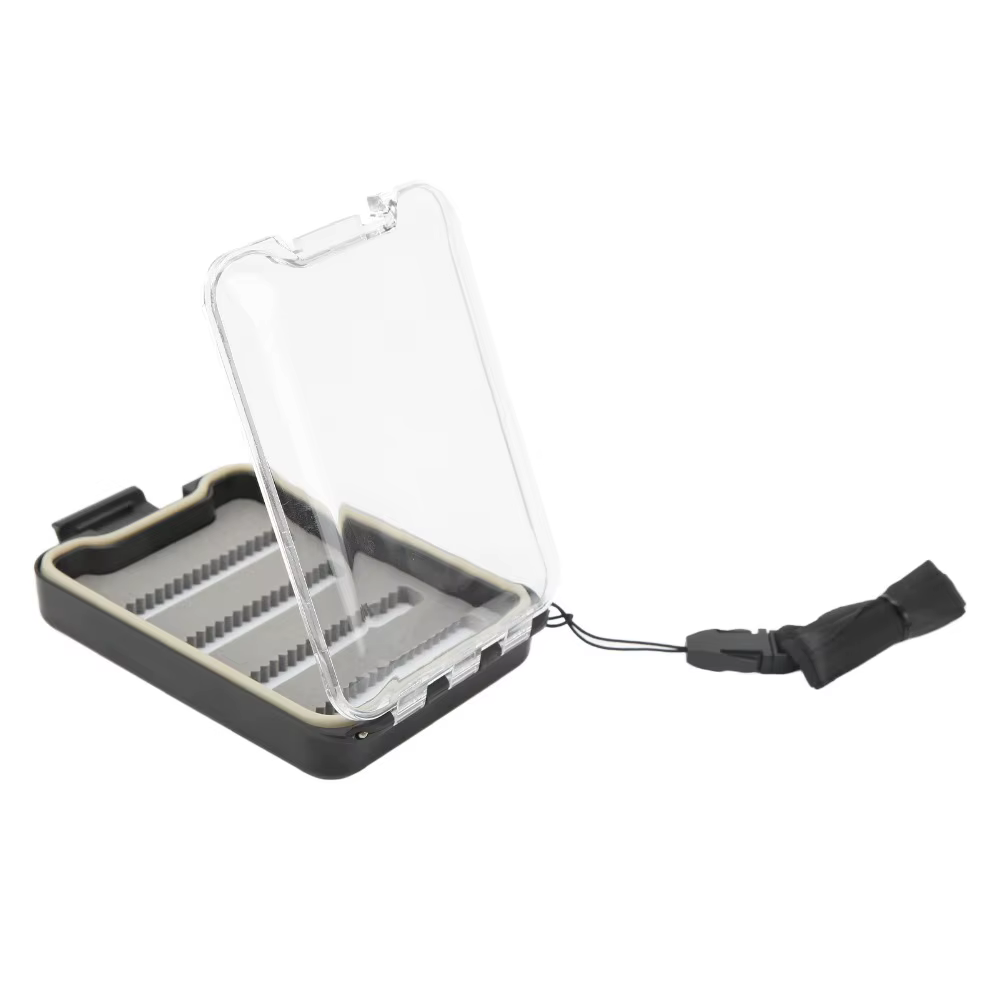 Caja cerrada mostrando su perfil delgado y portátil