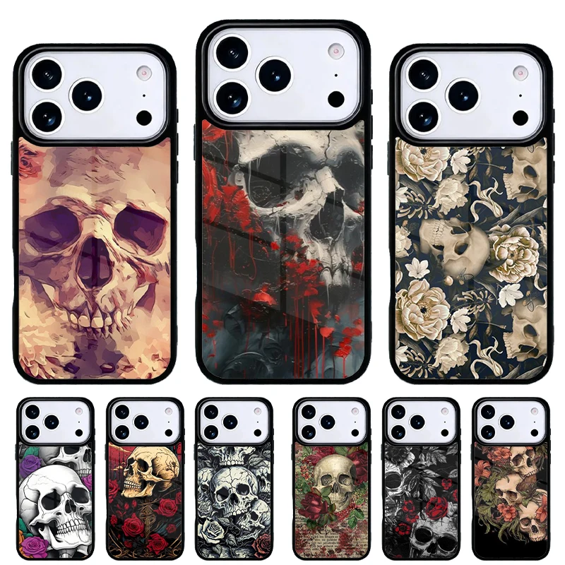 Funda iPhone diseño abstracto calaveras y rosas – 13 a 17 Pro/Max