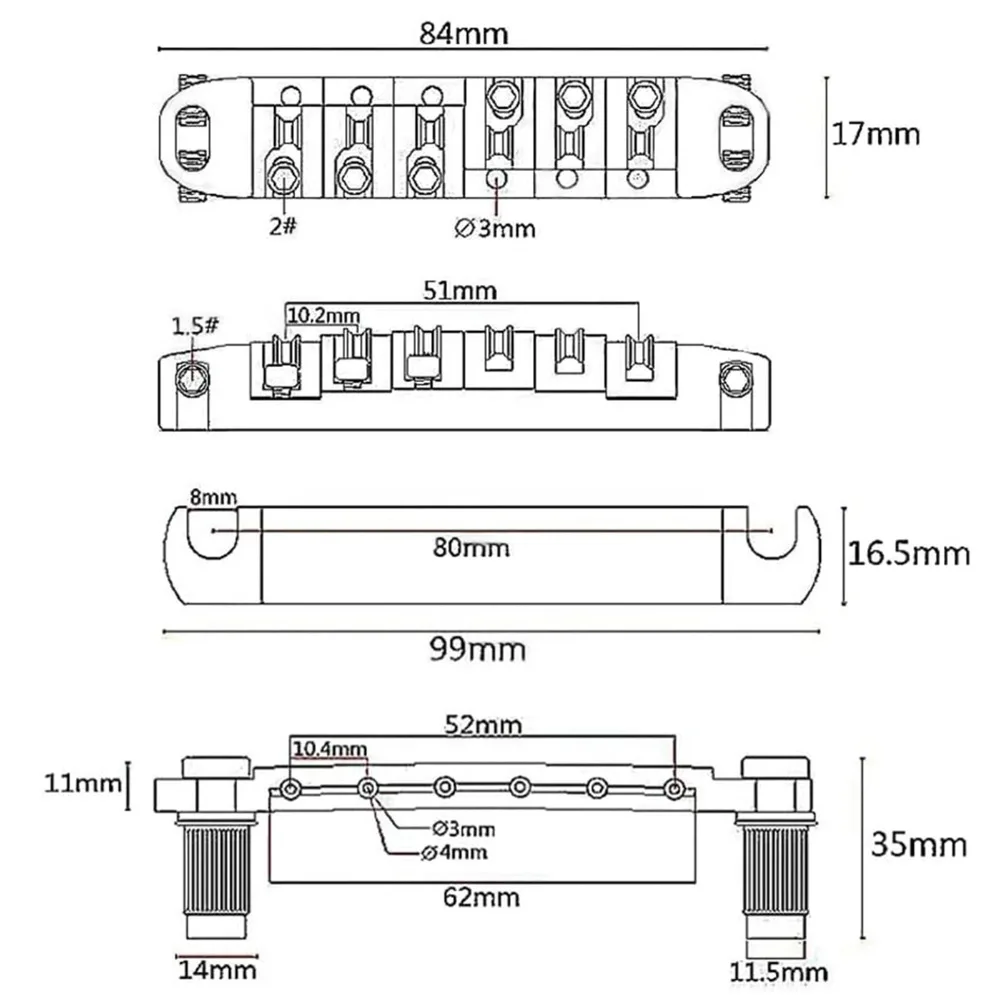 Puente de guitarra eléctrica metálico plateado/negro Premium de rodillos - imagen 3