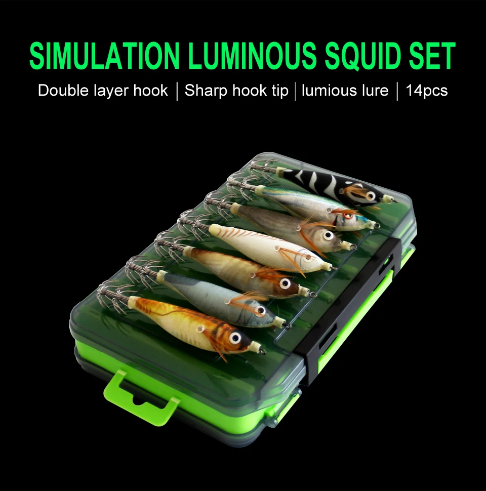 Set de 14 señuelos luminosos ilure para pesca de calamares y pulpos
