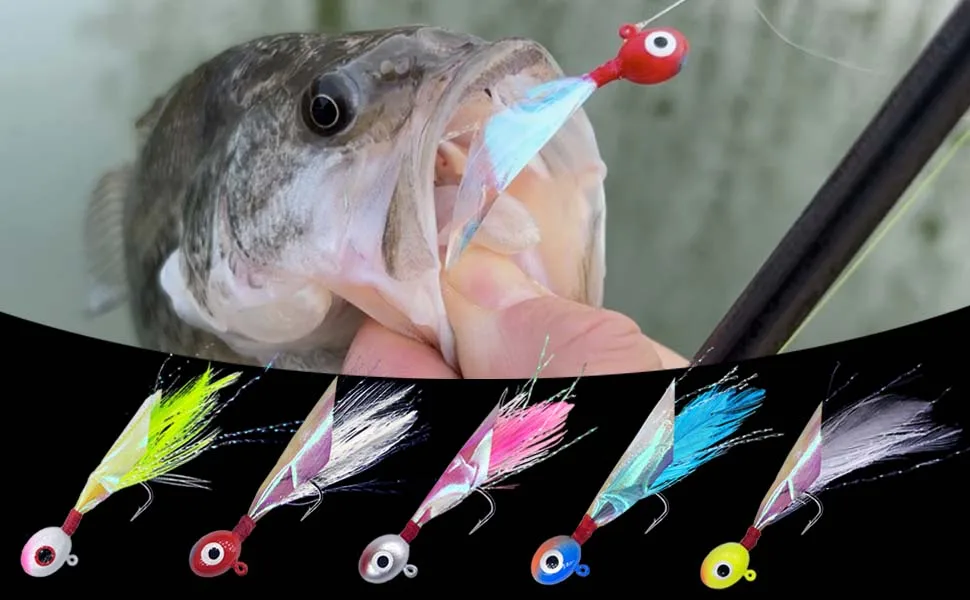 Crappie jigs con plumas y piel arcoíris