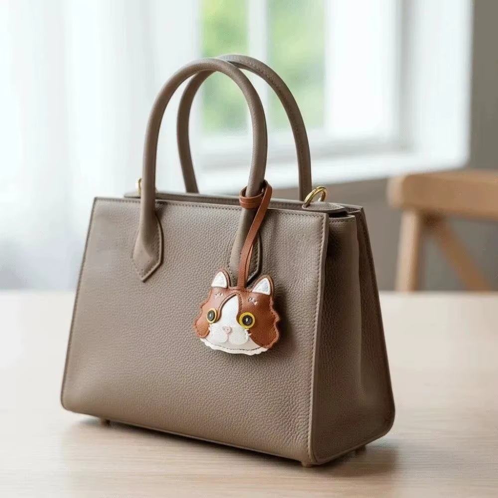 Llavero de cuero con forma de gato y diseño animado