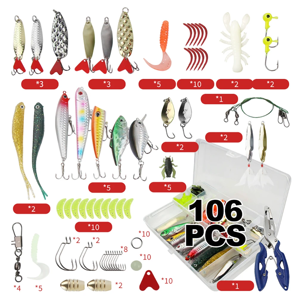 Kit de pesca JSFUN con señuelos blandos y duros, alicates - imagen 3