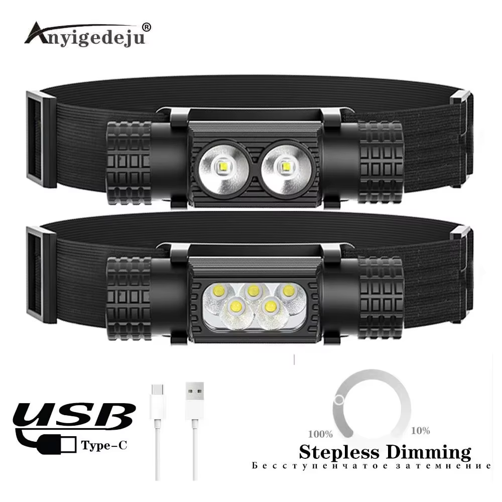 Frontal LED 5000LM USB-C para pesca y camping con batería 18650