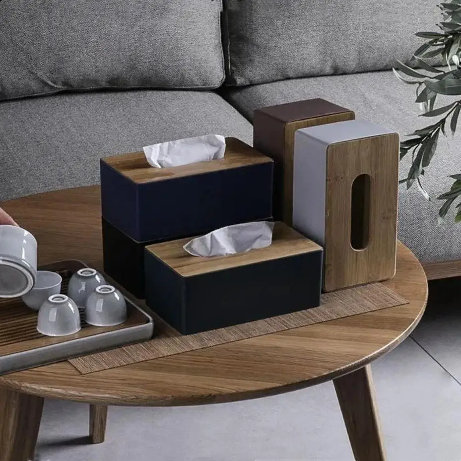 Porta servilletas con tapa de bambú de madera maciza para mesa - imagen 2