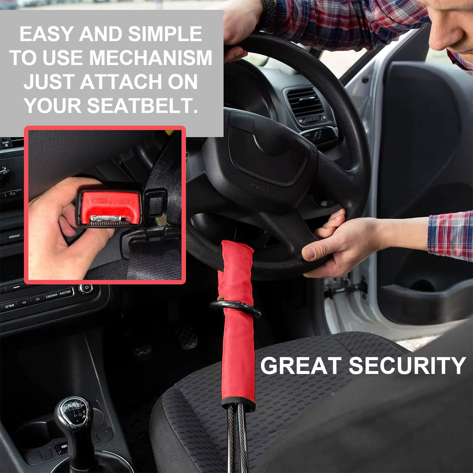 Antirrobo universal para volante coche y cinturón con cable acero - imagen 2