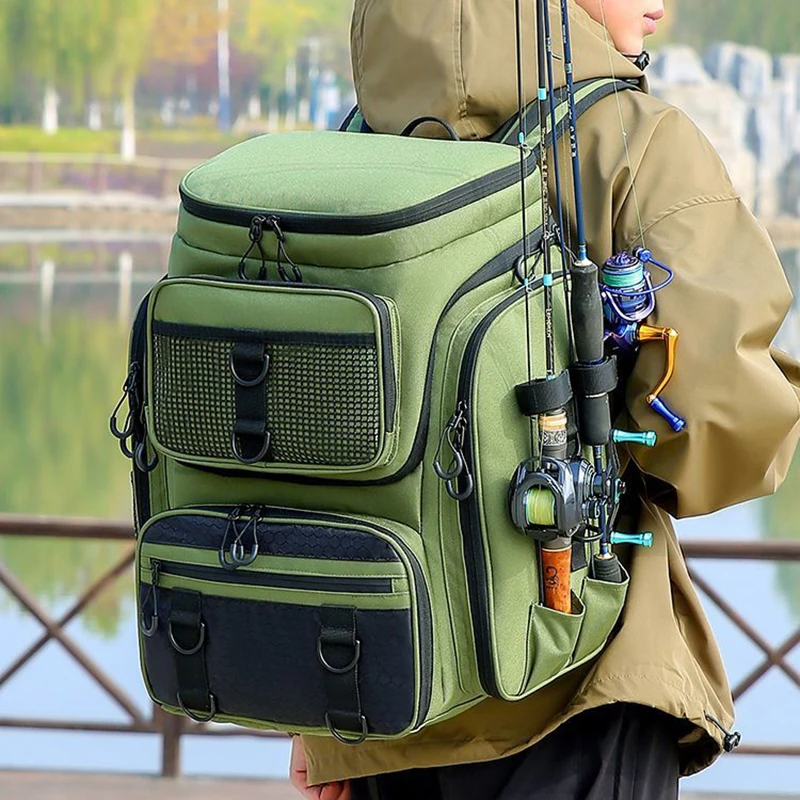 Mochila con soportes para caña y bolsillo frontal organizado