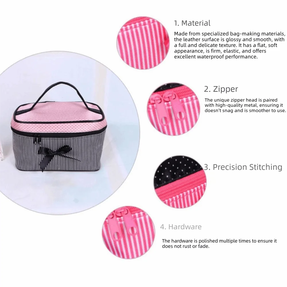 Bolsa de cosméticos portátil con lazo y rayas para viaje - imagen 2