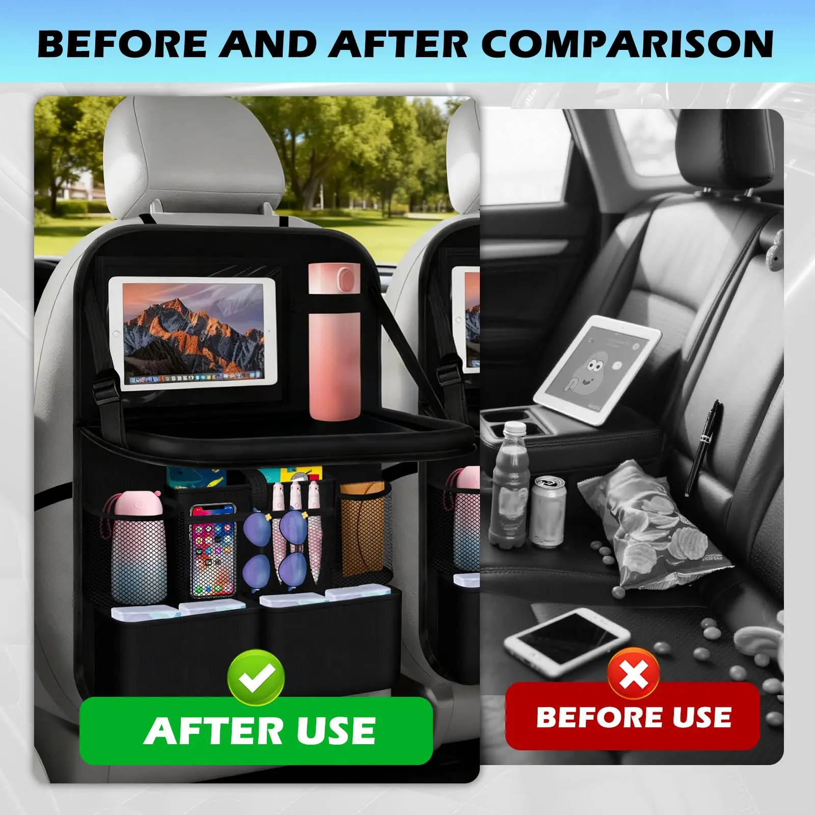 Organizador asiento trasero con bandeja y bolsillos para tablet - imagen 4