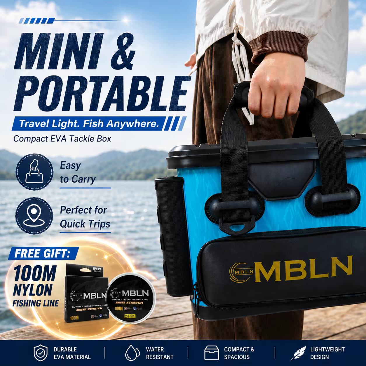 Caja de pesca MBLN 14L Mini EVA abierta con todos sus compartimentos visibles