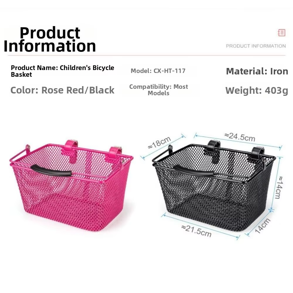 Cesta delantera infantil para bicicleta con asa – Negro y rosa, 24,5x18x14 cm - imagen 4