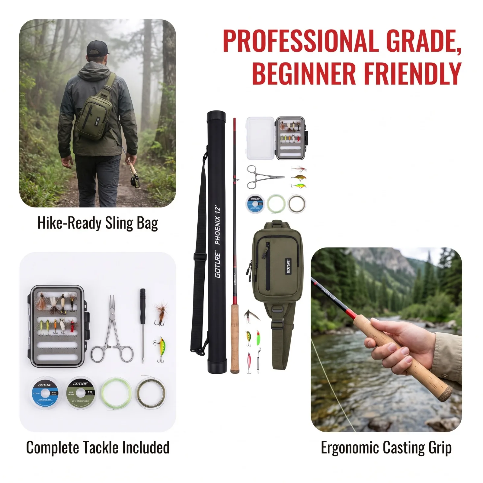 Goture equipo Tenkara para pesca con mosca – caña 3,6 m trucha