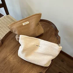 Bolsa cosméticos portátil de tela tejida gran capacidad beige café