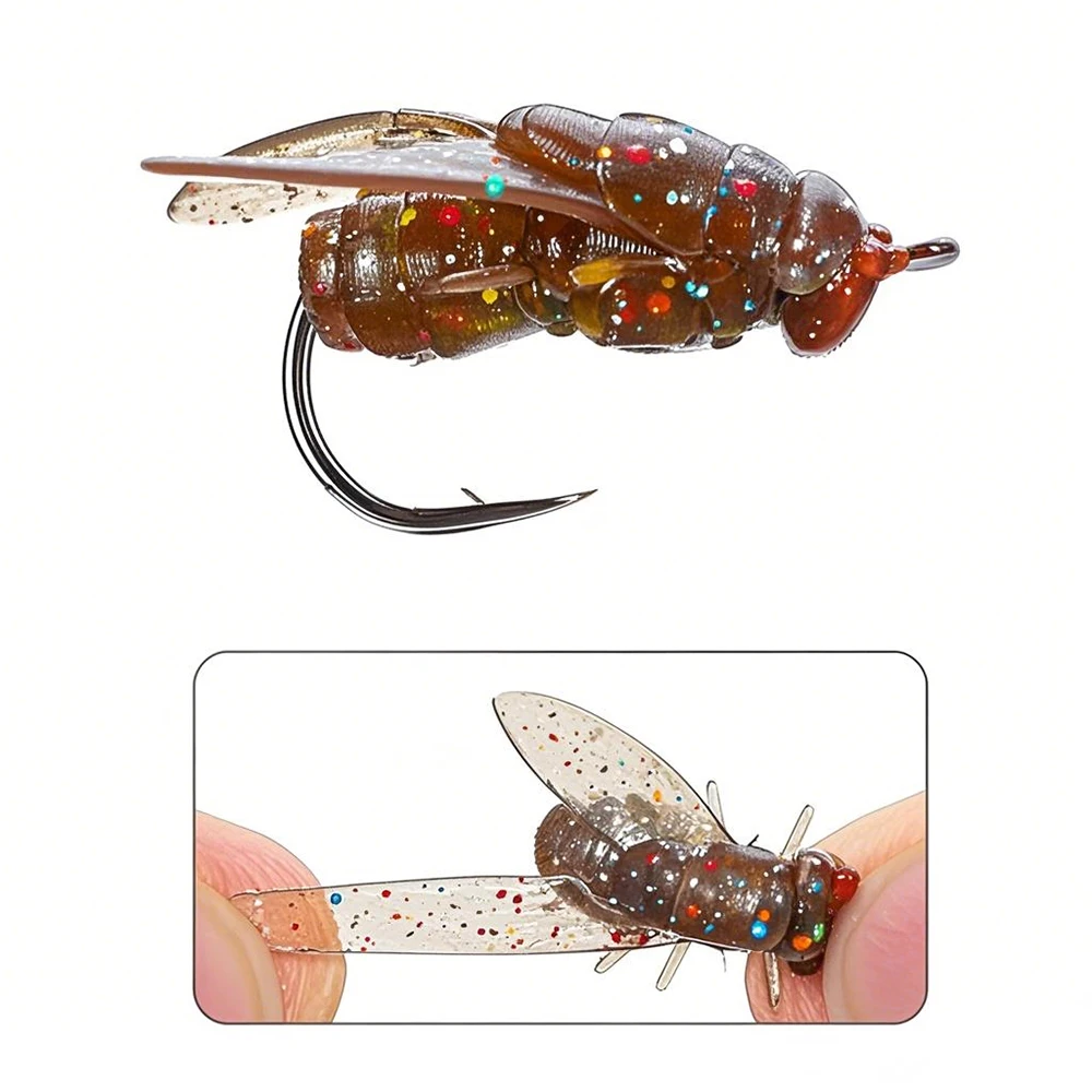 Cebo de silicona flexible imitando una mosca sobre agua