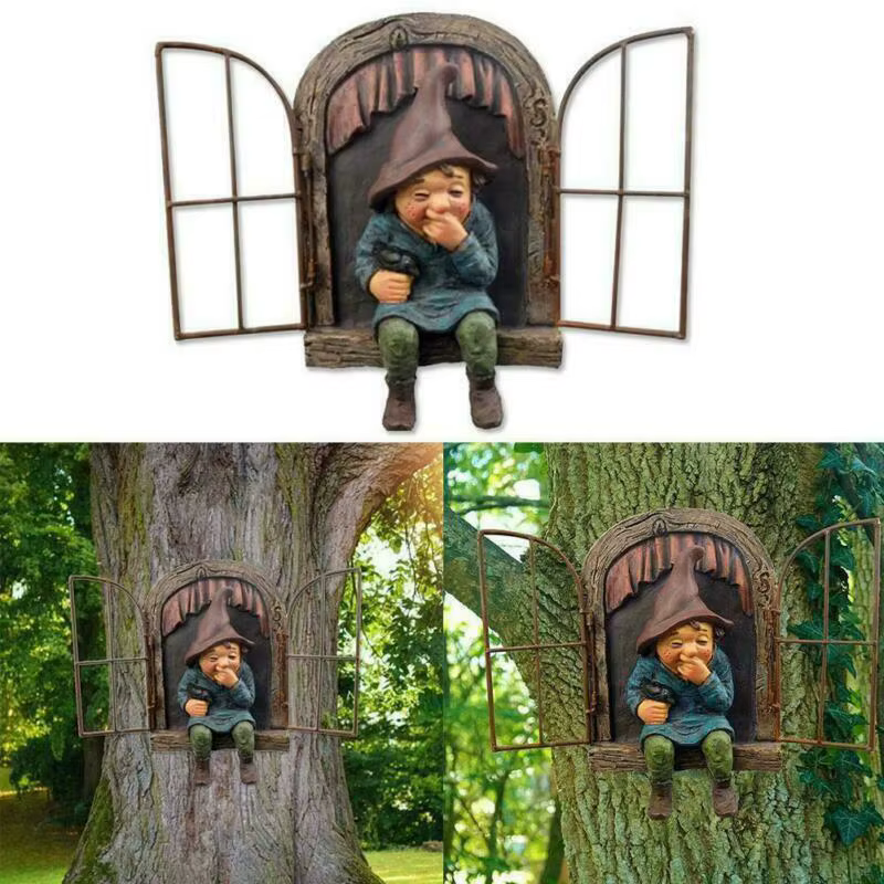 Gnomo de jardín travieso decorativo para exterior – Elfo junto al árbol - imagen 2
