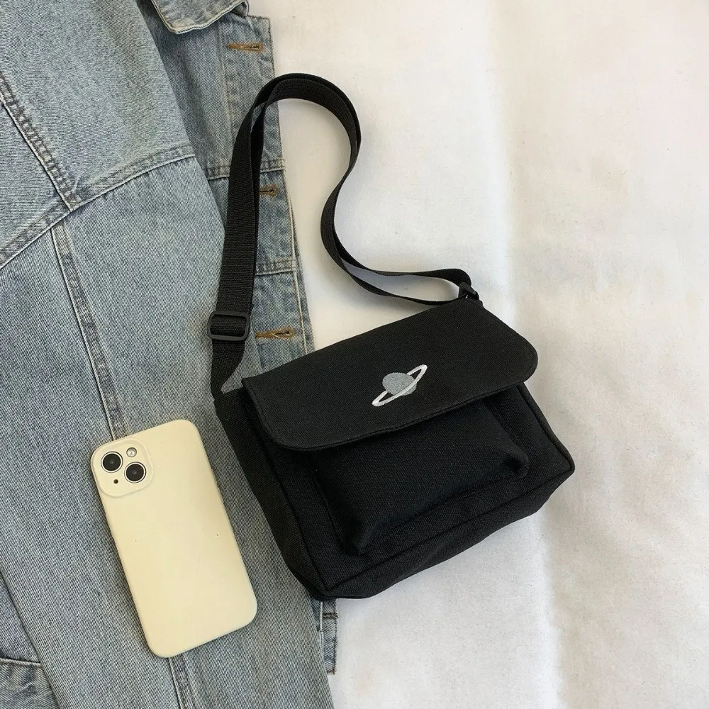 Bolso de hombro de lona vintage negro/blanco para estudiantes