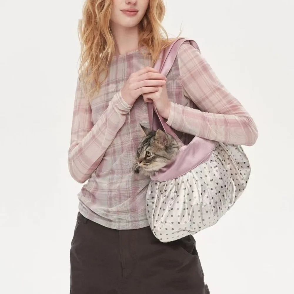 Bolso de hombro rosa con lunares, gran capacidad, mujer plisado - imagen 3